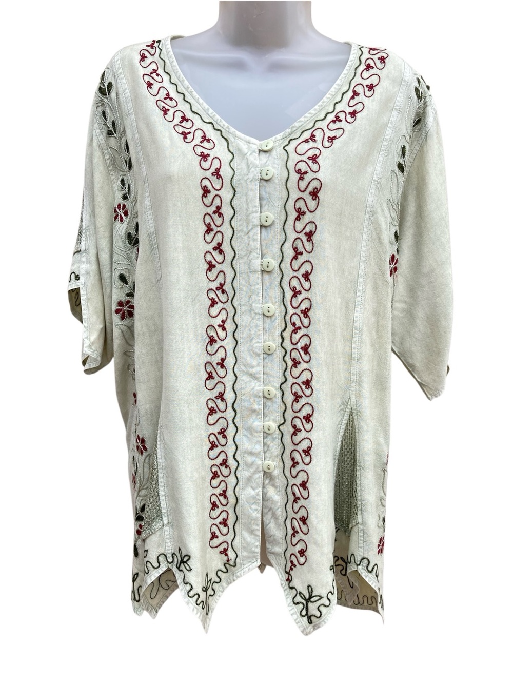 Agan Traders Gypsy Bohemian Embroidered Top Sz 2X Handkerchief Hem